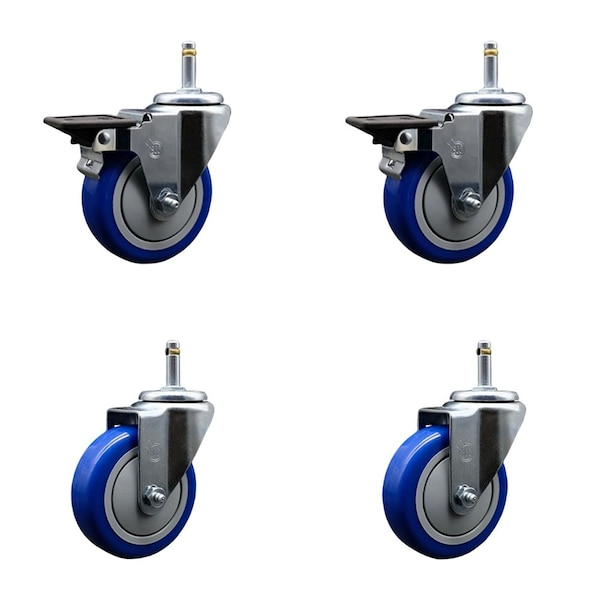 Service Caster 4'' Blue Poly Wheel Swivel 7/16'' Grip Ring Stem Caster Set 2 Brakes, 4PK GR20S414-PPUB-BLUE-PLB-716138-2-S-2 - main